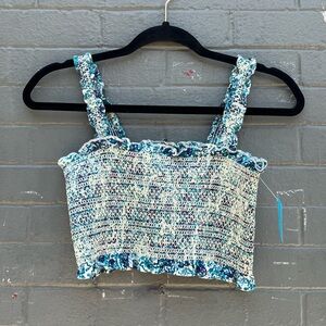 Free People Blue and White Smocked Ruffled Tank Top